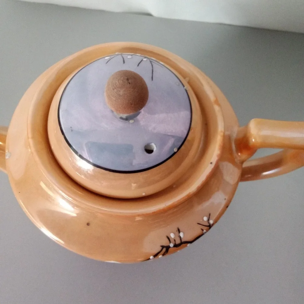 Vintage Lusterware Teapot Cherry Blossom Peach Lavender Made in Japan MCM Floral